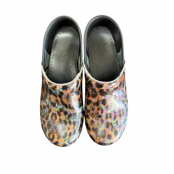 Dansko Slip On Clogs Sz 38 Petrol Patent Leopard Print Nurse Shoes Colorful Fun - Picture 3 of 10